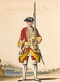 Private of the 20th Regiment of Foot from the Cloathing Book of 1742. (The tricorne was an evolution of the wide-brimmed hat formerly worn.)