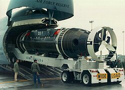 Deep Submergence Rescue Vehicle being loaded into the cargo hold of a C-5A Galaxy for air transport