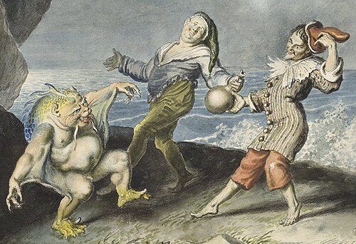 Caliban, Stephano and Trinculo dancing, detail of a painting by Johann Heinrich Ramberg