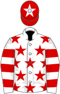 White, red stars, hooped sleeves, red cap, white star