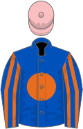 Royal blue, orange disc, striped sleeves, pink cap