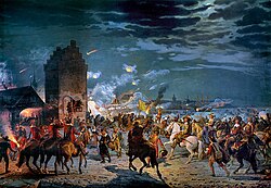 The Assault on Copenhagen in 1659 by Frederik Christian Lund, 1887, Det Nationalhistorike Museum, Frederiksborg. The Danish king can be seen on a bright white horse, surrounded by Danish troops in red coats mounted on brown horses. There is fire and explosions lighting up the night sky