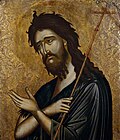 Image 2John the Baptist pictured with a halo. In Christian iconography, saints may also be depicted with wreaths, palm branches, white lilies and other attributes. (from Saint)