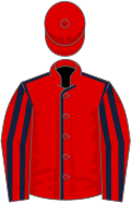 Red, dark blue seams, striped sleeves, red cap