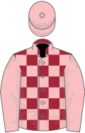 Maroon and pink check, pink sleeves and cap