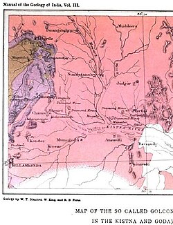 Golconda diamond mines map (left) with locations of mines