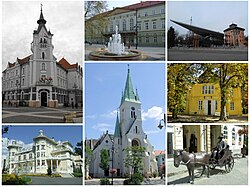From the left: City Hall of Kaposvár, County Hall of Somogy, University of Kaposvár, Gergely Csiky Theatre, Our Lady of the Assumption Cathedral, Rippl-Rónai Villa and the statue of József Rippl-Rónai