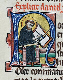 Illustration from bible of a man setting up a page