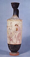 Image 14A scene from the Iliad: Hypnos and Thanatos carrying the body of Sarpedon from the battlefield of Troy; detail from an Attic white-ground lekythos, c. 440 BC (from Ancient Greece)