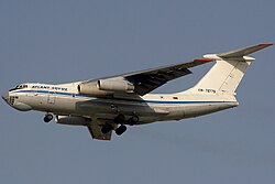 An Ilyushin Il-76 approaching Dubai International Airport in 2007, painted in the original colors of Atlant-Soyuz.