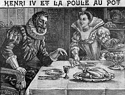 Illustration of Henry IV at a table set with a poule au pot