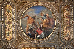  circular painting in set in gilded ceiling