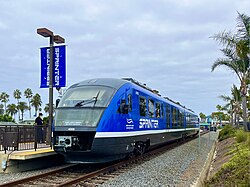 A Sprinter train waits at Oceanside Transit Center