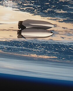 Artist conception of the transferring of propellant from a Spacex refueling tanker to an Interplanetary Spaceship (bottom), in Earth orbit (2016)