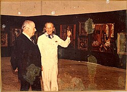 The painter Alexandre Frenel to the right with the President of the French Senate, Alain Poher to the left in a retrospective exhibition in 1978.
