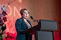 Governor Maura Healey wearing a pantsuit during a speech, May 2025