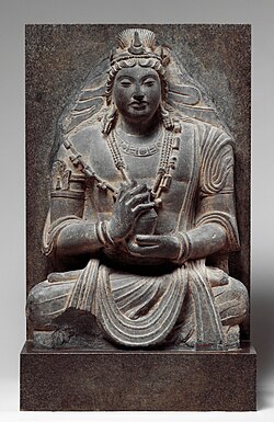 Seated Maitreya, 7th-8th century AD, near Kabul, Afghanistan. "Stylistically related to Shahi sculpture of northern Pakistan and Afghanistan".