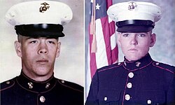 A picture of Charles McMahon on the left, and a picture of Darwin Judge on the right, the last two American soldiers killed in Vietnam during the Vietnam War