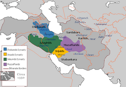 Territory of the Chobadnids ■ and division of Ilkhanate territory, circa 1350, including the Jalayirids ■, the Injuids ■ and the Muzaffarids ■