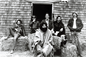 The Grateful Dead in 1970, in a rural setting – Bill Kreutzmann, Ron "Pigpen" McKernan, Jerry Garcia, Bob Weir, Mickey Hart, and Phil Lesh