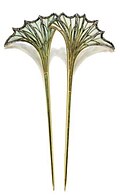 Pair of fan-shaped leaves of green plique-à-jour enamel with small rose-cut diamonds in the veins. Louis Aucoc, c. 1900