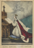 St. Clotilde, wearing an ermine trimmed cape and golden crown, kneels in prayer as angels look on.
