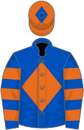 Royal blue, orange diamond, hooped sleeves, orange cap, royal blue diamond