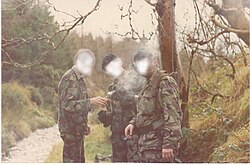 Ulster Defence Regiment soldiers in South Armagh wearing 1968 Pattern DPM combat jackets and trousers, with green shirts and berets. This was the basic temperate combat uniform during the 1970s and early 1980s, worn with green sweaters, ankle boots and puttees, and 1958 Pattern webbing.