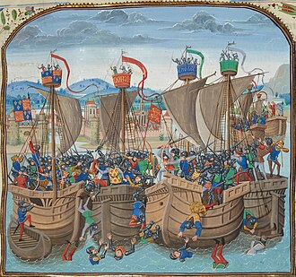 A depiction of medieval naval combat from Jean Froissart's Chronicles, 14th century