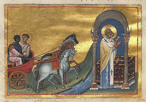 The Ethiopian eunuch with St. Philip the Deacon (Menologion of Basil II)