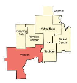 Location of Walden (red) compared to the rest of the Sudbury Region until 2000.