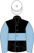 Black, light blue hoop and sleeves, white cap