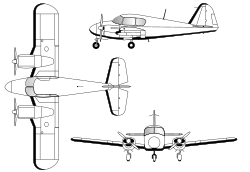 3-view line drawing of the Piper PA-23-150 Apache