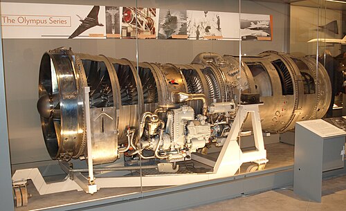 Cutaway Olympus 593 showing LP compressor, HP compressor, combustor, turbines and reheat fuel ring and flame holder.