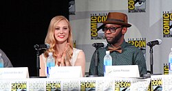 Deborah Ann Woll and Nelsan Ellis at the True Blood panel at the 2014 Comic-Con convention in San Diego, California.