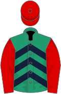Emerald green and dark blue chevrons, red sleeves and cap