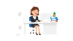 A white corporate woman with brown hair and office attire is being really stressed while working on the computer at her desk full of folders of different colors and a pile of documents on the other side