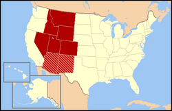 Regional definitions vary from source to source. The states shown in dark red are always included, while the striped states are usually considered part of the same region called the Mountain States