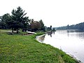 A grassy lawn with picnic tables, trees and a boat with a curving lakeshore at right