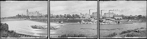 panorama seen from west side of river looking east, large sign or banner says "Pillsbury A Mill, Largest Flour Mill in the World"