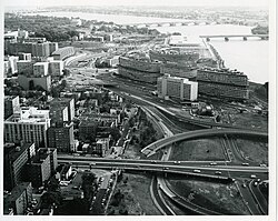 Potomac River Freeway section of the Inner Loop near completion in the 1970s. The Watergate, Kennedy Center, and Columbia Plaza are visible