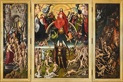 A three-panel painting with scenes of judgement (center), the saved ascending stairs to a Gothic building (left), and the descent into hell (right)