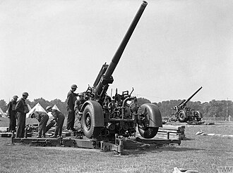 A 3.7-inch gun on a travelling carriage in London in 1939