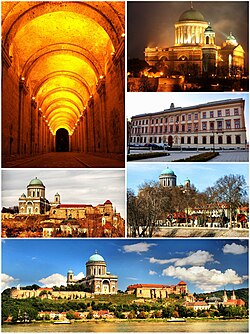 Top left: Dark Gate, Top upper right: Esztergom Basilica, Top lower right: Saint Adalbert Convention Center, Middle left: Kis-Duna Setany (Little Danube Promenade), Middle right: Saint Stephen's Square, Bottom: Esztergom Castle Hill and Danube River