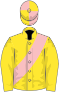 Yellow, pink sash, pink and yellow quartered cap