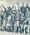 Image 56Batswana men dressed in traditional attire during the visit of King George VI, Queen Elizabeth, and Princesses Elizabeth and Margaret to Lobatse, Bechuanaland, on 17 April 1947 (from Tswana people)