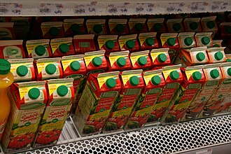 Processed gazpacho in ready-to-drink carton packages, widely available in supermarkets.