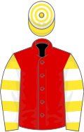 Red, yellow and white hooped sleeves and cap