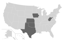 The Big 12 as it existed from 2012 to 2023, after the departures of Texas A&M and Missouri and the additions of TCU and West Virginia