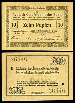 Ten German East African rupie, by the Deutsch-Ostafrikanische Bank